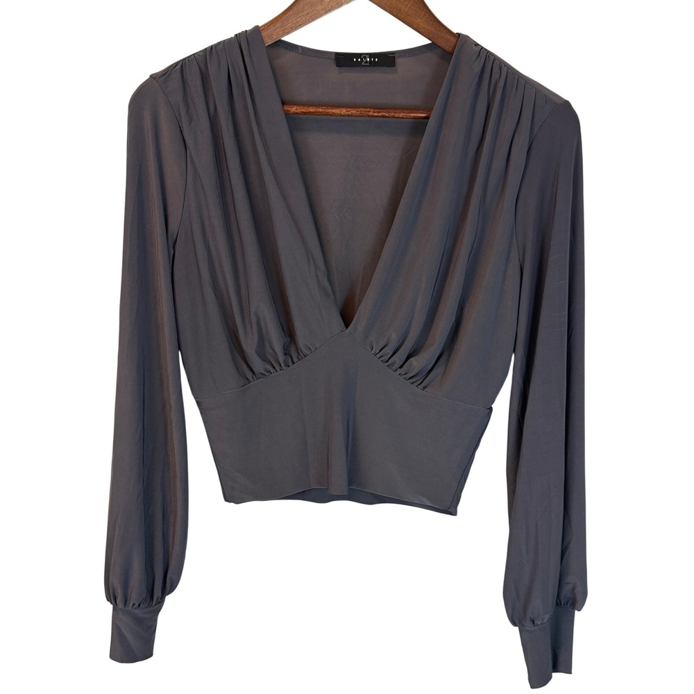 21 Saints Womens Charcoal Gray‎ Cropped Blouse Balloon Sleeve V-Neck size M/L